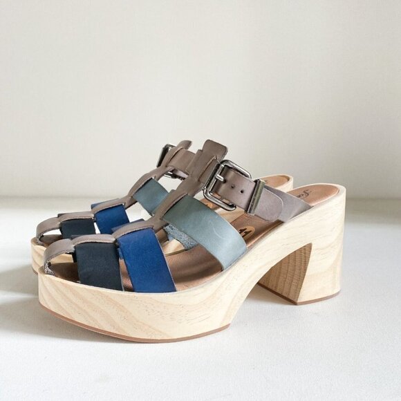 Free People Bellevue  Clogs Leather Wood Fisherman Sandals Slides 11 River - Picture 10 of 12